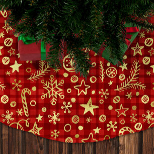 Jupon De Sapin En Polyester Brossé Décor de Noël doré Motif de Buffalo rouge