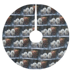 Jupon De Sapin En Polyester Brossé Décor de Noël Samoyed Snowy Sleigh