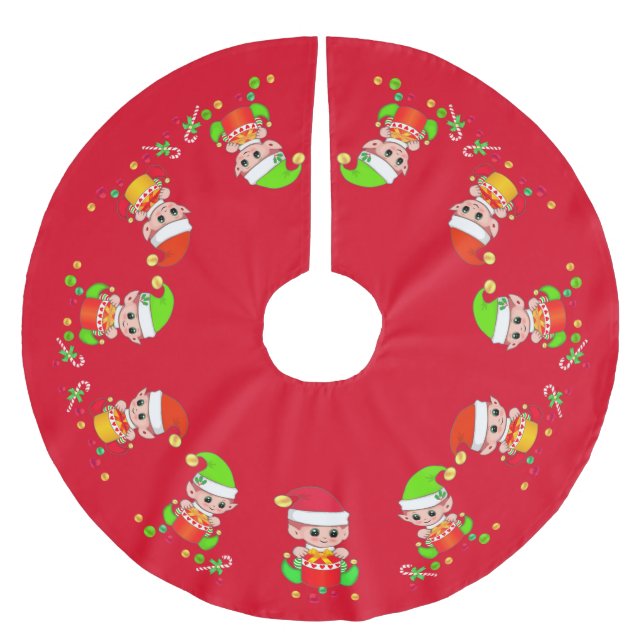 Jupon De Sapin En Polyester Brossé Des elfes mignons, Père Noël en train de  des peti (Devant)