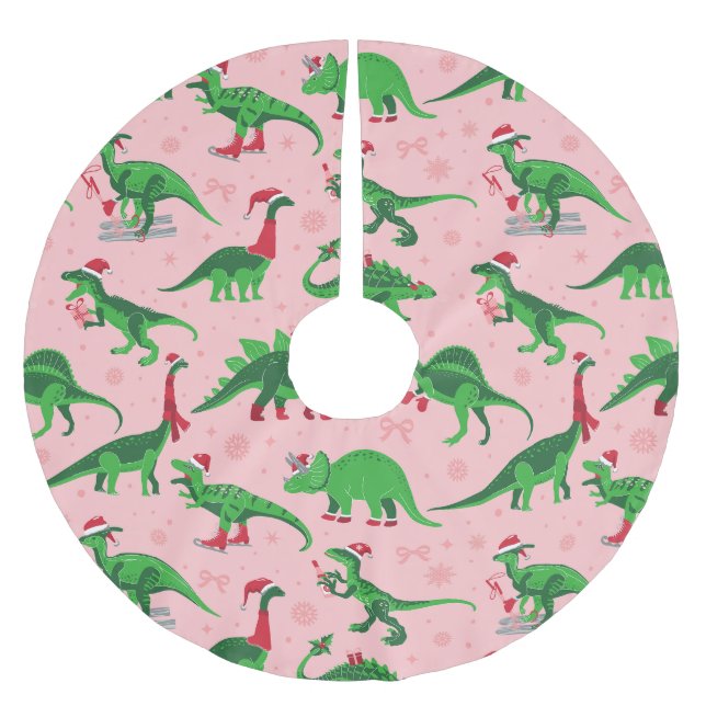 Jupon De Sapin En Polyester Brossé dinosaures de noël rose stegosaurus triceratops (Devant)