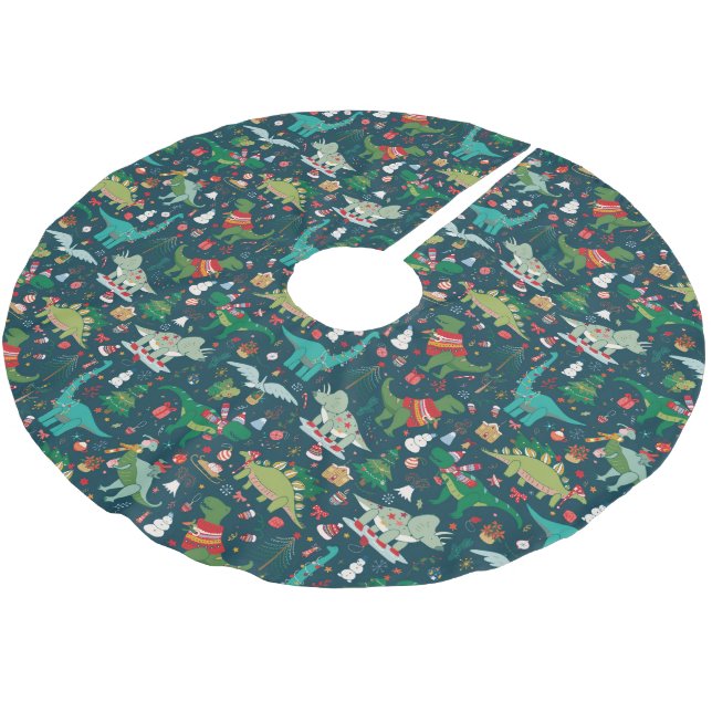 Jupon De Sapin En Polyester Brossé Dinosaures festifs Motif de Noël (Angle)