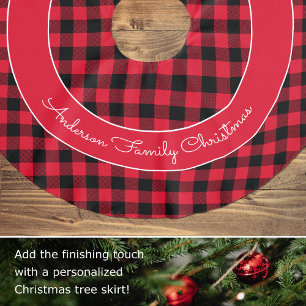 Jupon De Sapin En Polyester Brossé Élégant Buffalo de Noël Nom Plaid Rouge Noir