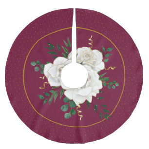 Jupon De Sapin En Polyester Brossé Elégant Burgundy Glam Vintage White Roses vacances