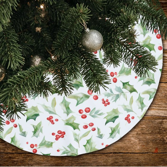 Jupon De Sapin En Polyester Brossé Elégant Green Holly Feuilles Berries rouges (Créateur téléchargé)