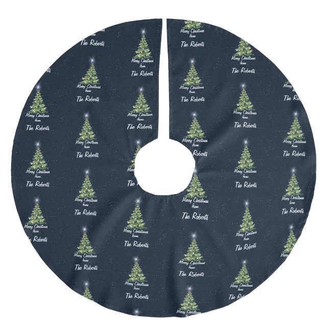 Jupon De Sapin En Polyester Brossé Elégant Joyeux Arbres de Noël Marine Blue Holiday (Devant)