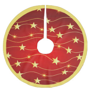 Jupon De Sapin En Polyester Brossé Élégant Rouge Or étoiles ornements de Noël