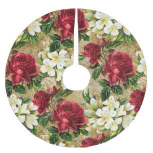 Jupon De Sapin En Polyester Brossé Élégant Vintage Roses rouges Lys blancs Noël