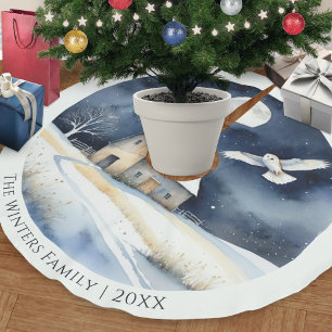 Jupon De Sapin En Polyester Brossé Elégante aquarelle Barn Owl Scène de neige Noël