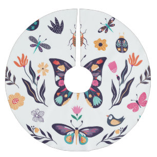 Jupon De Sapin En Polyester Brossé Eléments de printemps Papillons Oiseaux Fleurs