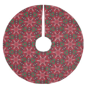 Jupon De Sapin En Polyester Brossé Etoile rouge et Motif de Noël géométrique vert