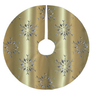 Jupon De Sapin En Polyester Brossé Étoiles de flocon de neige en argent sur or