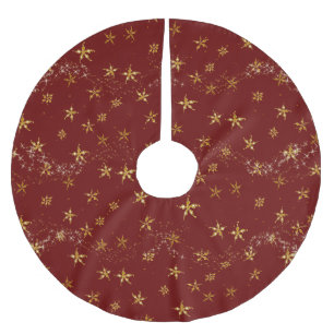 Jupon De Sapin En Polyester Brossé Étoiles de Noël Élégant Rouge n Or Snowflakes