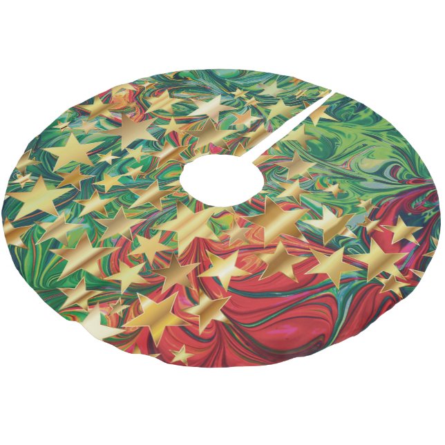 Jupon De Sapin En Polyester Brossé ÉTOILES DE NOËL Rouge Vert Faux Or Rétro Abstrait (Angle)