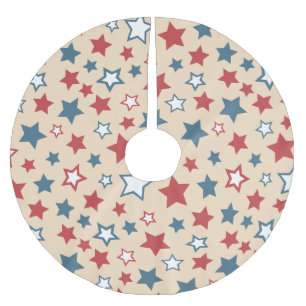 Jupon De Sapin En Polyester Brossé Étoiles rouges et bleues, 4 juillet, fond beige