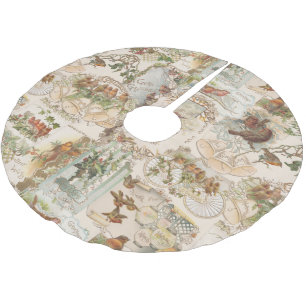 Jupon De Sapin En Polyester Brossé Festif Vintage Noël Oiseau et Ephémère de fleurs
