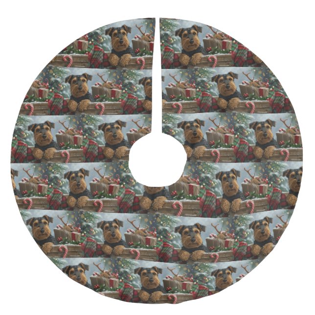 Jupon De Sapin En Polyester Brossé Festive de Noël de Chien Airedale (Devant)