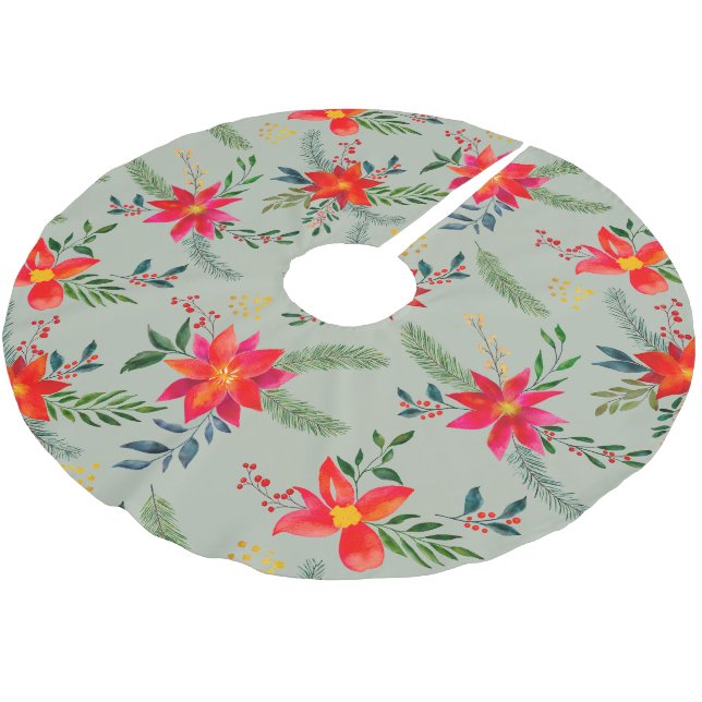 Jupon De Sapin En Polyester Brossé Festive Rouge Poinsettia Noël Floral (Angle)