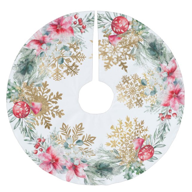 Jupon De Sapin En Polyester Brossé Fête de Noël Rouge Poinsettia (Devant)