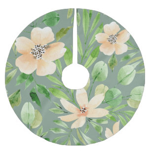 Jupon De Sapin En Polyester Brossé Feuilles verts, Fleurs roses : Aquarelle.