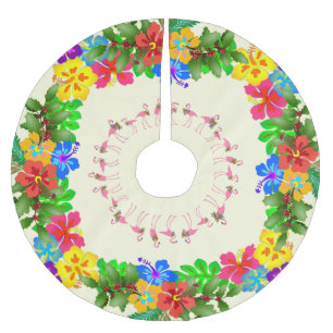 Jupon De Sapin En Polyester Brossé Flamants roses Hibiscus Holly Noël tropical
