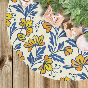 Jupon De Sapin En Polyester Brossé Fleur Bleue Feuillue de Style Folk Orange Jaune Vi