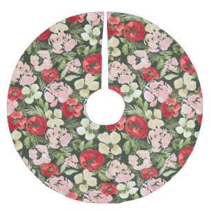 Jupon De Sapin En Polyester Brossé Fleurs d'aquarelle de Noël bleues et vertes foncée