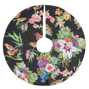 Jupon De Sapin En Polyester Brossé Fleurs d'oiseaux sauvages : Noir Vintage