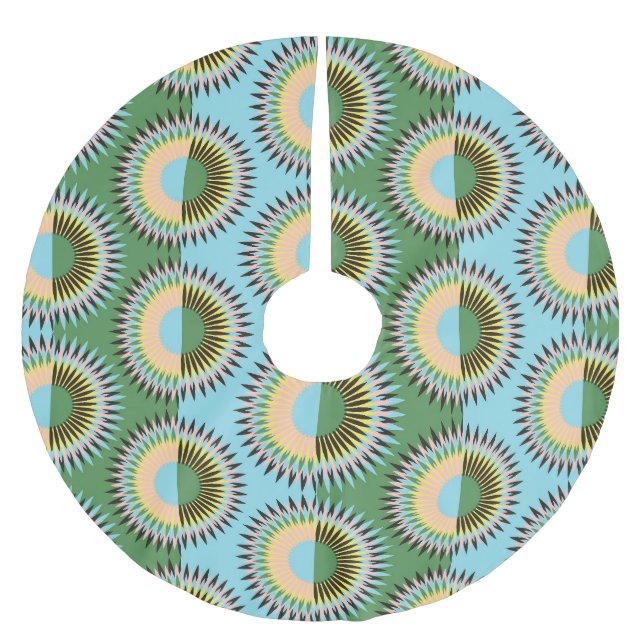 Jupon De Sapin En Polyester Brossé Fleurs pliées : motif rétro bleu-vert. (Devant)