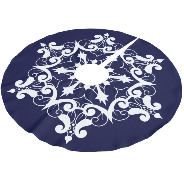 Jupon De Sapin En Polyester Brossé Flocon De Neige Blanc Sur Bleu Foncé (Angle)