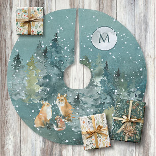 Jupon De Sapin En Polyester Brossé Forêt de la famille Fox pleine lune chute de neige