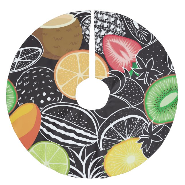 Jupon De Sapin En Polyester Brossé Fruits tropicaux colorés, arrière - plan noir. (Devant)