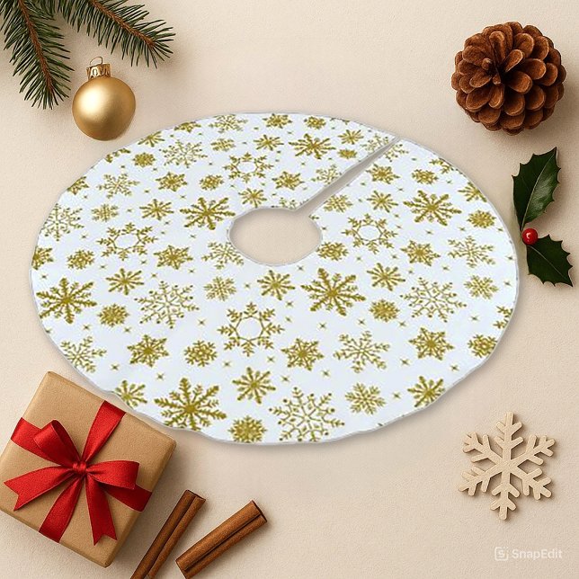 Jupon De Sapin En Polyester Brossé Gold Snowflake Blanc Élégant vacances (Créateur téléchargé)