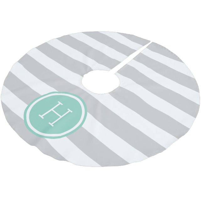 Jupon De Sapin En Polyester Brossé Gray and Aqua Preppy Stripes Monogramme (Angle)