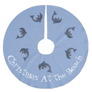 Jupon De Sapin En Polyester Brossé Groupe Bleu Blanc Jumping dauphins Plage Noël