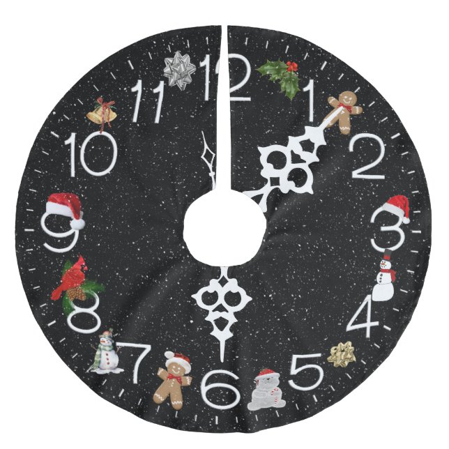 Jupon De Sapin En Polyester Brossé Horloge avec éléments de Noël (Devant)