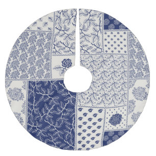 Jupon De Sapin En Polyester Brossé Indigo Bleu Beige Floral Patchwork