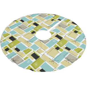 Jupon De Sapin En Polyester Brossé Jaune Aqua Bleu Carrés Starburst Midsiècle