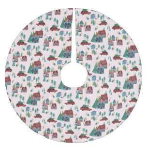 Jupon De Sapin En Polyester Brossé Joli motif de village de patinage nordique rose po