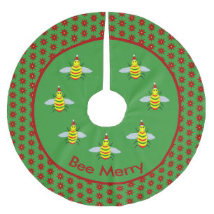 Jupon De Sapin En Polyester Brossé Jolie abeille de Noël et fleurs de Poinsettia