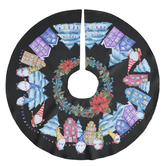 Jupon De Sapin En Polyester Brossé Jolie aquarelle Noël Gnome/Elf Village (Devant)