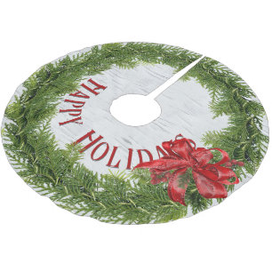 Jupon De Sapin En Polyester Brossé Joyeuses Vacances Serment Avec Bow Rouge Sur Birch