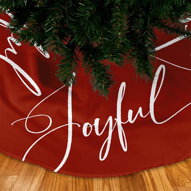 Jupon De Sapin En Polyester Brossé Joyeux | Élégant script rouge Noël (An elegant and unique Christmas tree skirt featuring stunning calligraphy that says "joyful")