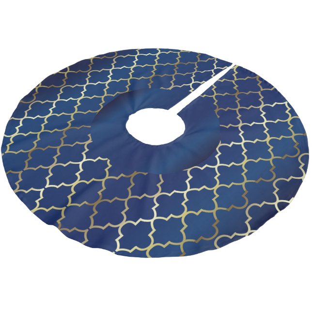 Jupon De Sapin En Polyester Brossé Joyeux Noël en bleu marine et or Quatrefoil (Angle)