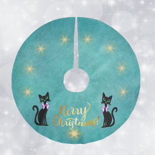 Jupon De Sapin En Polyester Brossé Joyeux Noël en or Chats noirs Rubans roses Étoiles