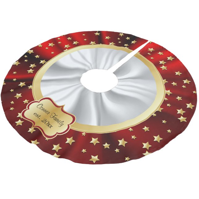 Jupon De Sapin En Polyester Brossé Joyeux Noël Gold Stars Rouge et blanc Arrière - pl (Angle)