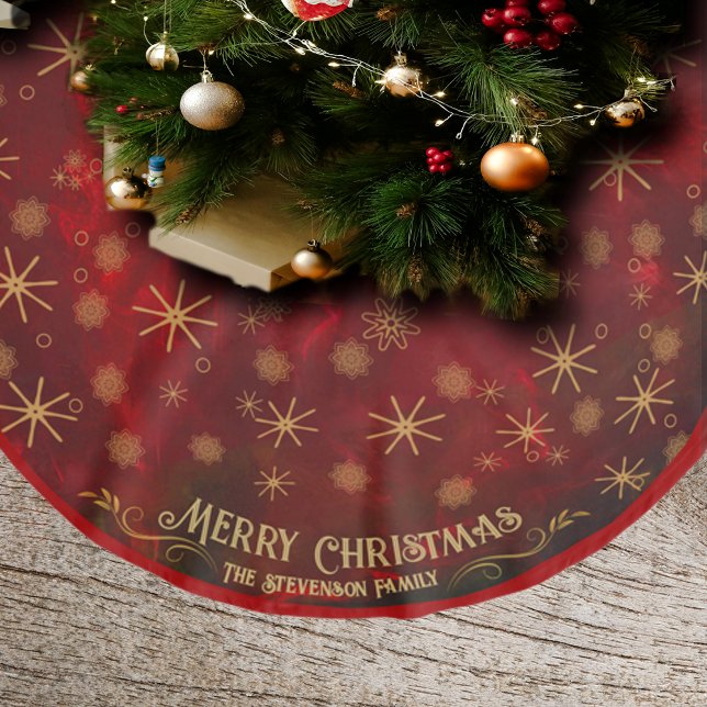 Jupon De Sapin En Polyester Brossé Joyeux Noël Red Snowflakes Motif (Merry Christmas Red Snowflakes Pattern Brushed Polyester Tree Skirt)