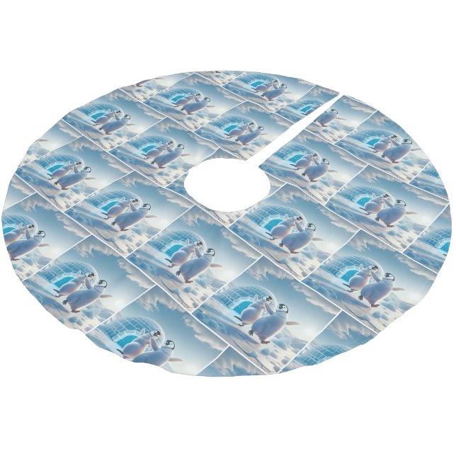 Jupon De Sapin En Polyester Brossé Joyeux Pingouins de Noël dansant (Angle)