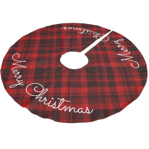 Jupon De Sapin En Polyester Brossé Joyeux Tartan rouge plaid Noël