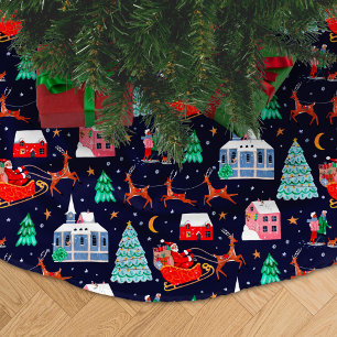 Jupon De Sapin En Polyester Brossé La nuit de Noël de Père Noël et des rennes Village