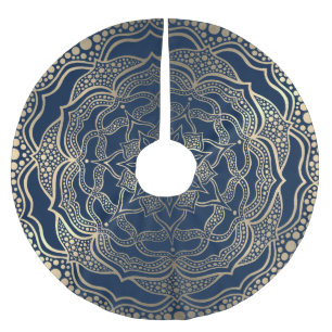 Jupon De Sapin En Polyester Brossé Mandala Art Boho Elegant Gold Navy Bleu Noël